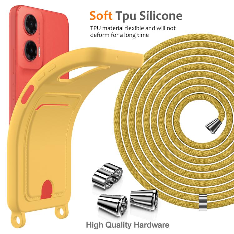 For Motorola Moto G35 Integrated Card Bag Solid Color Liquid Silicone Phone Case with Lanyard