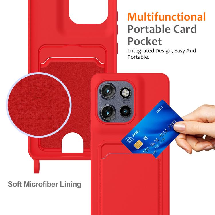For Motorola Edge 50 Neo / 60 Neo Integrated Card Bag Solid Color Liquid Silicone Phone Case with Lanyard