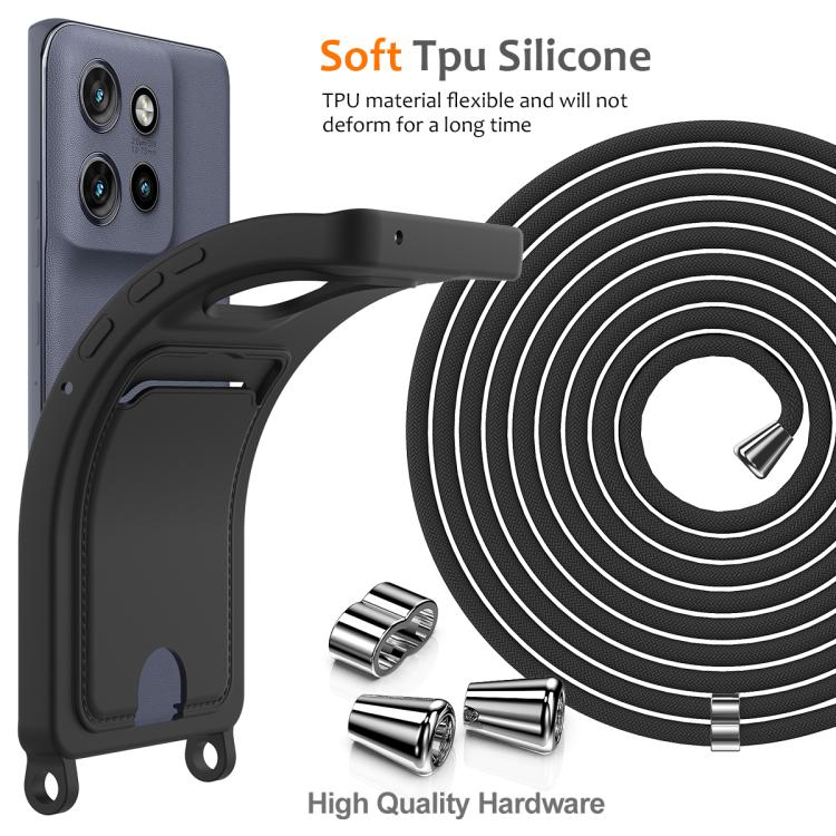 For Motorola Edge 50 Neo / 60 Neo Integrated Card Bag Solid Color Liquid Silicone Phone Case with Lanyard