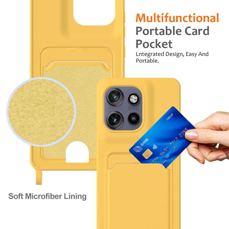 For Motorola Edge 50 Neo / 60 Neo Integrated Card Bag Solid Color Liquid Silicone Phone Case with Lanyard