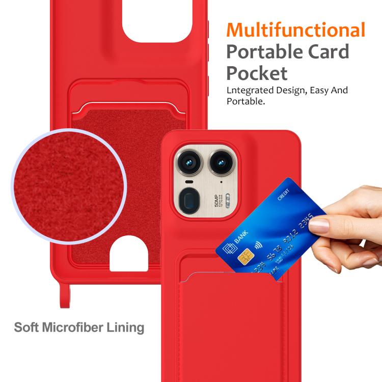 For Motorola Edge 50 Ultra Integrated Card Bag Solid Color Liquid Silicone Phone Case with Lanyard