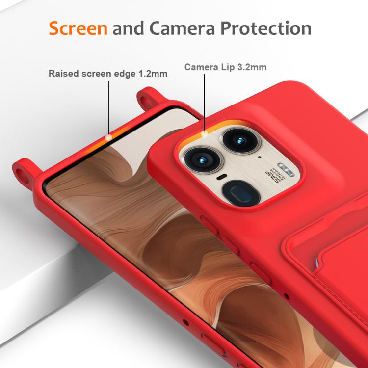 For Motorola Edge 50 Ultra Integrated Card Bag Solid Color Liquid Silicone Phone Case with Lanyard