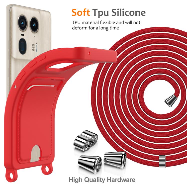 For Motorola Edge 50 Ultra Integrated Card Bag Solid Color Liquid Silicone Phone Case with Lanyard