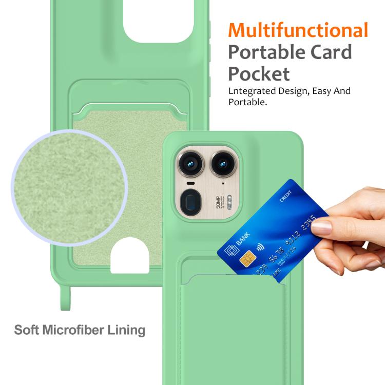 For Motorola Edge 50 Ultra Integrated Card Bag Solid Color Liquid Silicone Phone Case with Lanyard
