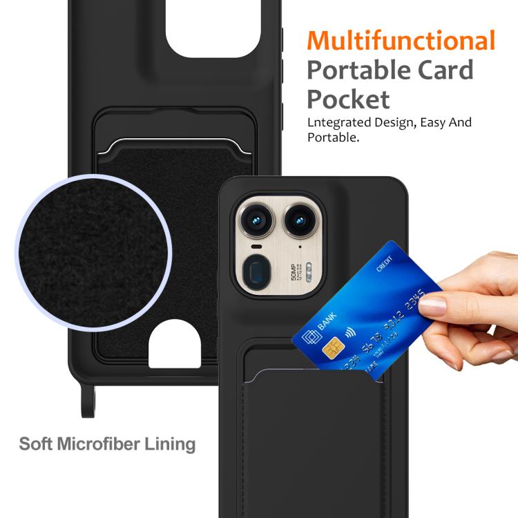 For Motorola Edge 50 Ultra Integrated Card Bag Solid Color Liquid Silicone Phone Case with Lanyard