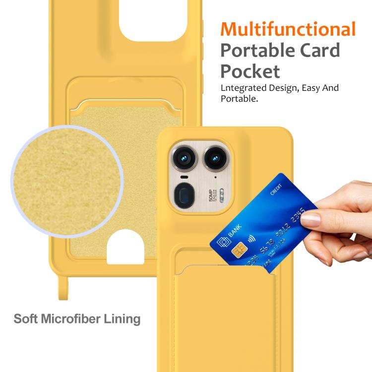 For Motorola Edge 50 Ultra Integrated Card Bag Solid Color Liquid Silicone Phone Case with Lanyard
