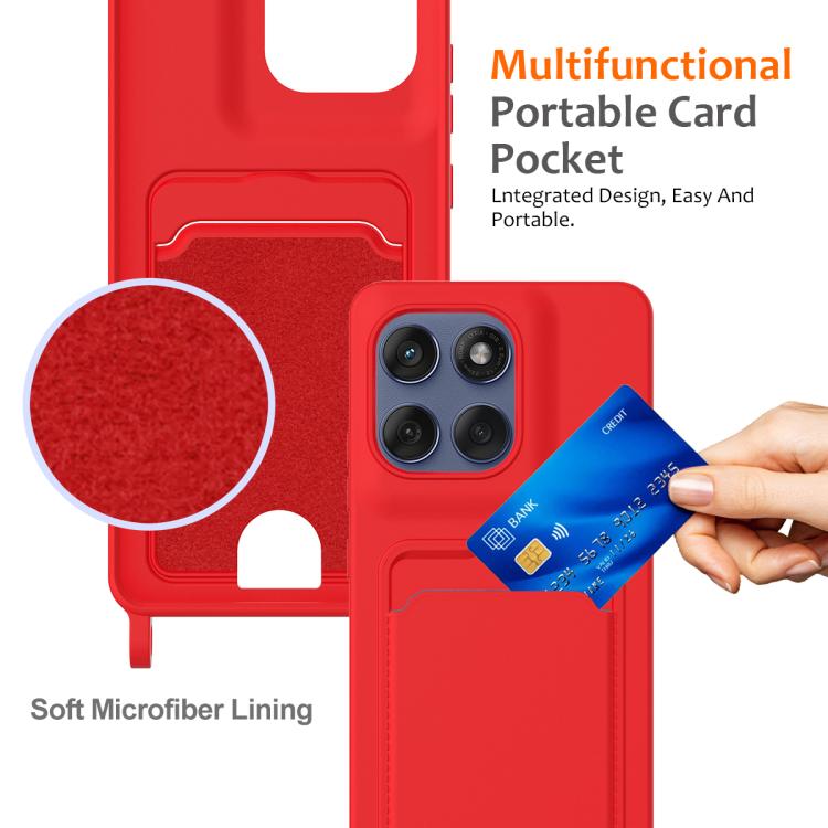 For Motorola Edge 60 Pro Integrated Card Bag Solid Color Liquid Silicone Phone Case with Lanyard