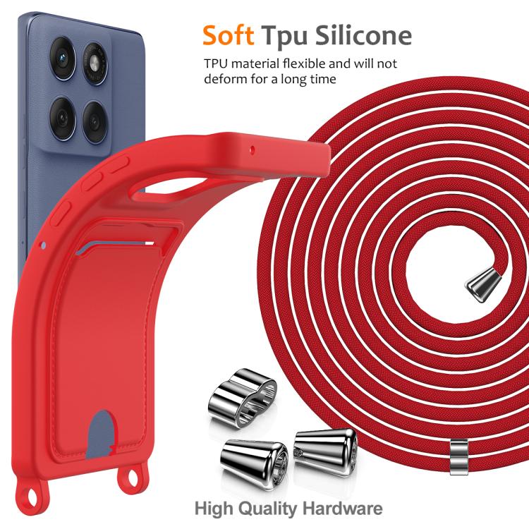 For Motorola Edge 60 Pro Integrated Card Bag Solid Color Liquid Silicone Phone Case with Lanyard