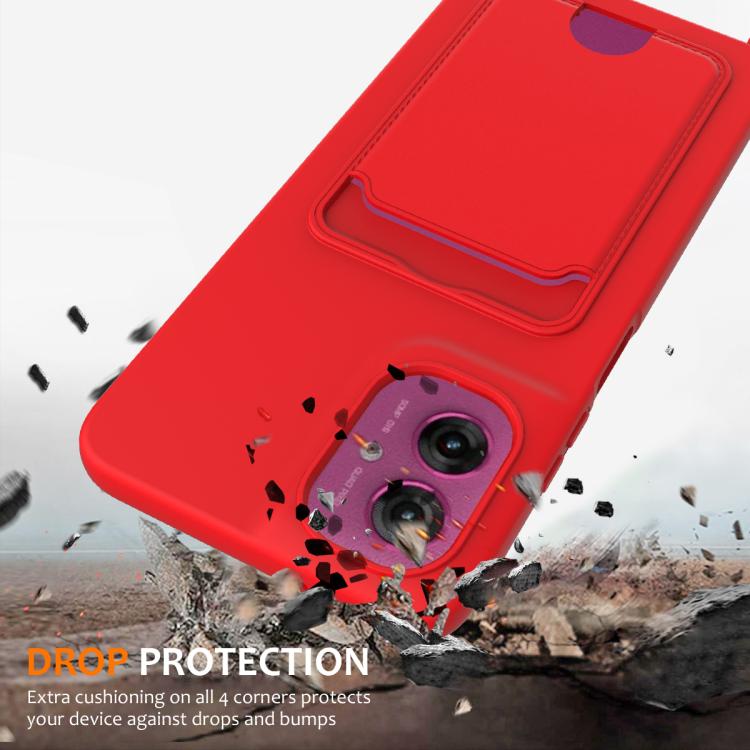 For Motorola Moto G55 Integrated Card Bag Solid Color Liquid Silicone Phone Case with Lanyard
