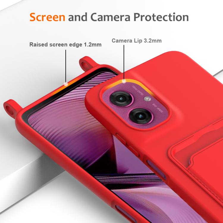 For Motorola Moto G55 Integrated Card Bag Solid Color Liquid Silicone Phone Case with Lanyard
