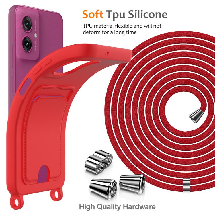 For Motorola Moto G55 Integrated Card Bag Solid Color Liquid Silicone Phone Case with Lanyard