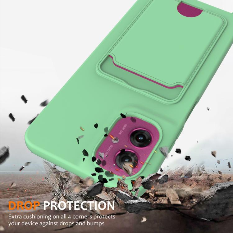 For Motorola Moto G55 Integrated Card Bag Solid Color Liquid Silicone Phone Case with Lanyard