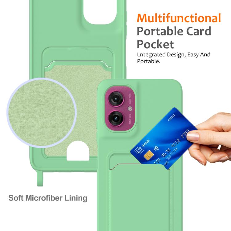 For Motorola Moto G55 Integrated Card Bag Solid Color Liquid Silicone Phone Case with Lanyard