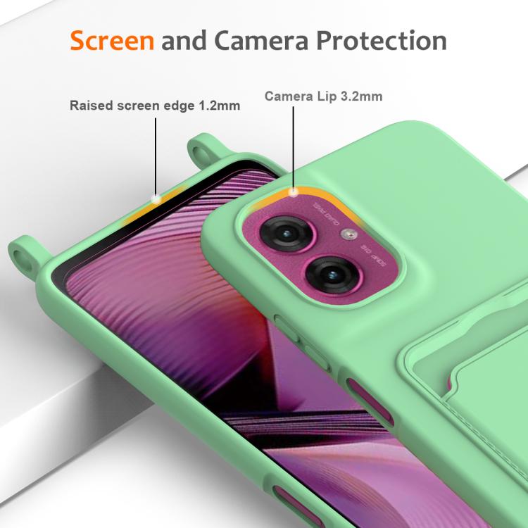 For Motorola Moto G55 Integrated Card Bag Solid Color Liquid Silicone Phone Case with Lanyard