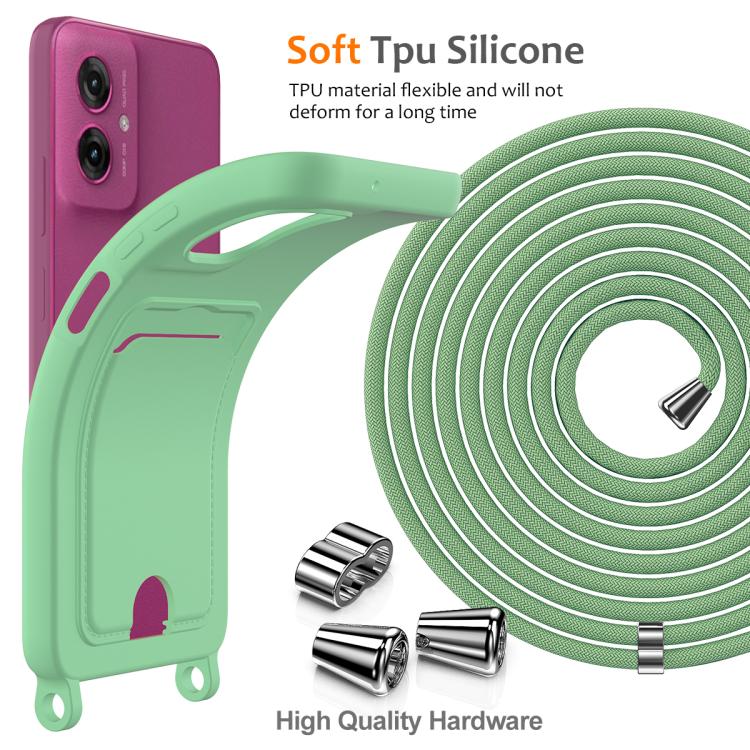 For Motorola Moto G55 Integrated Card Bag Solid Color Liquid Silicone Phone Case with Lanyard