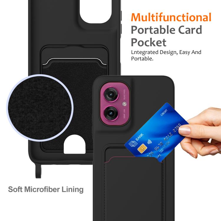 For Motorola Moto G55 Integrated Card Bag Solid Color Liquid Silicone Phone Case with Lanyard