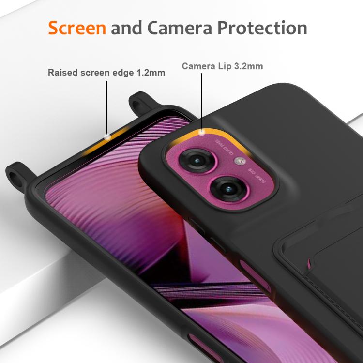 For Motorola Moto G55 Integrated Card Bag Solid Color Liquid Silicone Phone Case with Lanyard
