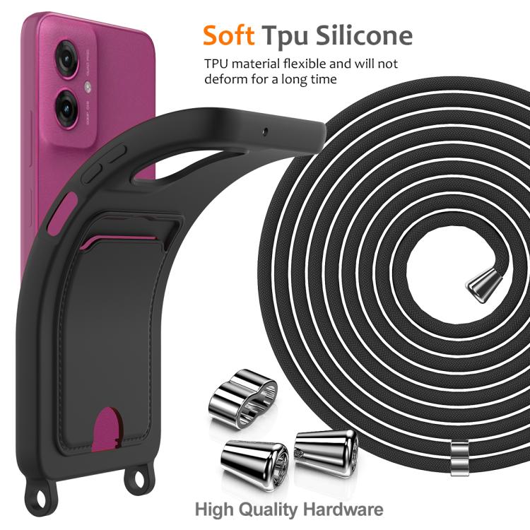 For Motorola Moto G55 Integrated Card Bag Solid Color Liquid Silicone Phone Case with Lanyard
