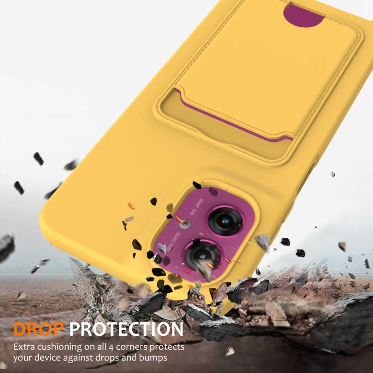 For Motorola Moto G55 Integrated Card Bag Solid Color Liquid Silicone Phone Case with Lanyard
