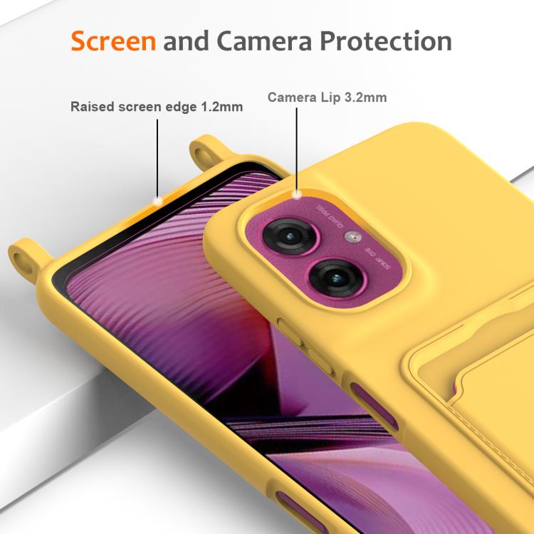 For Motorola Moto G55 Integrated Card Bag Solid Color Liquid Silicone Phone Case with Lanyard