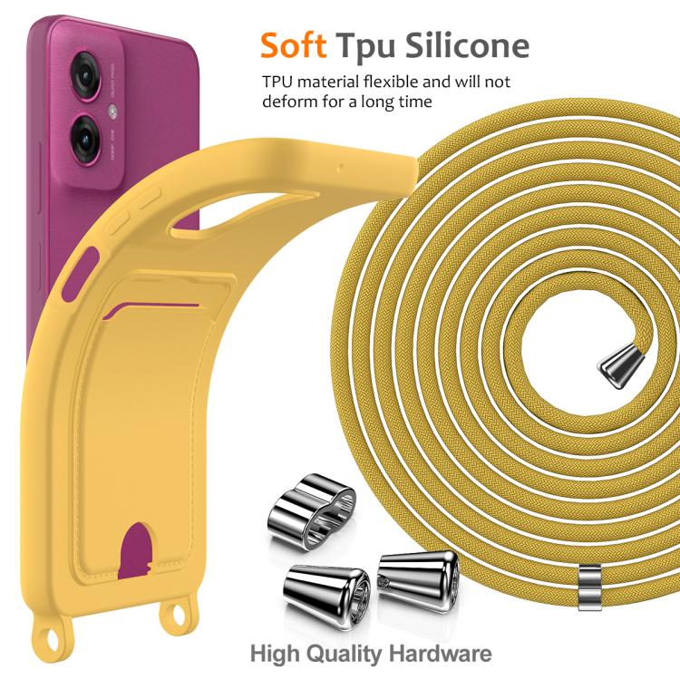 For Motorola Moto G55 Integrated Card Bag Solid Color Liquid Silicone Phone Case with Lanyard