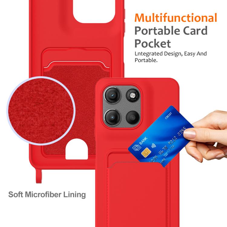 For Motorola Moto G67 Power / G57 Power Integrated Card Bag Solid Color Liquid Silicone Phone Case with Lanyard
