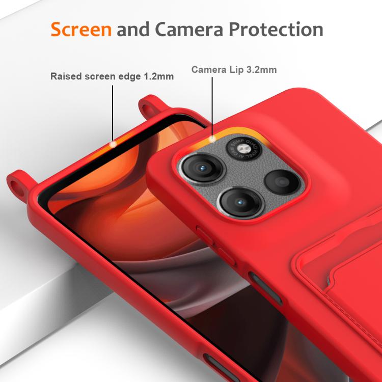 For Motorola Moto G67 Power / G57 Power Integrated Card Bag Solid Color Liquid Silicone Phone Case with Lanyard