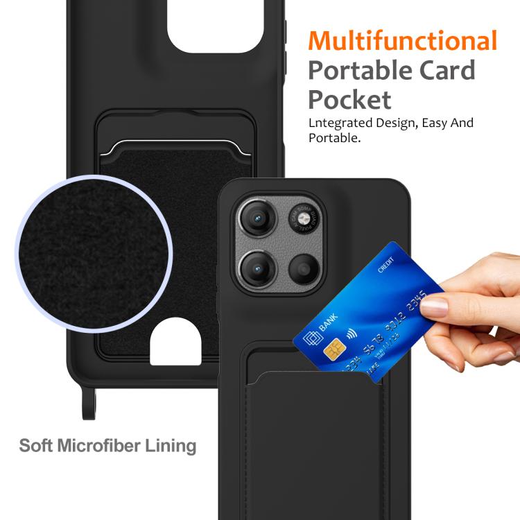 For Motorola Moto G67 Power / G57 Power Integrated Card Bag Solid Color Liquid Silicone Phone Case with Lanyard