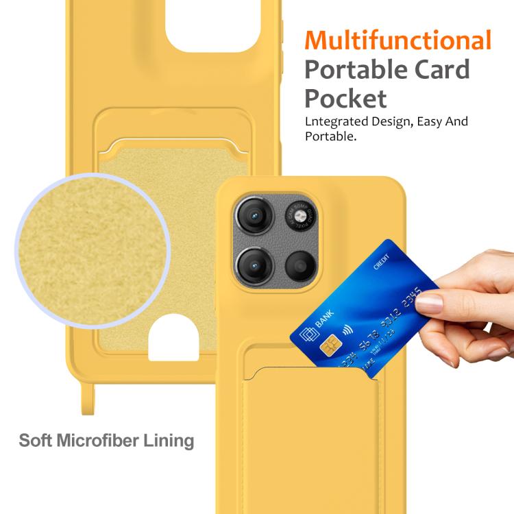 For Motorola Moto G67 Power / G57 Power Integrated Card Bag Solid Color Liquid Silicone Phone Case with Lanyard
