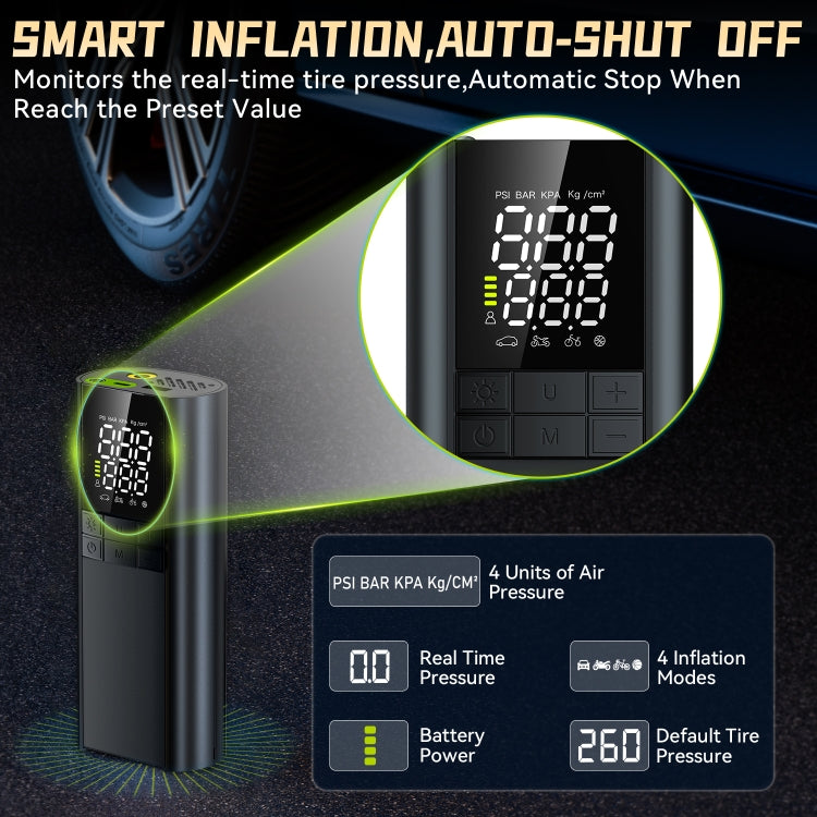 T8 Car Digital Display Portable Smart Electric Wireless Air Pump - Black