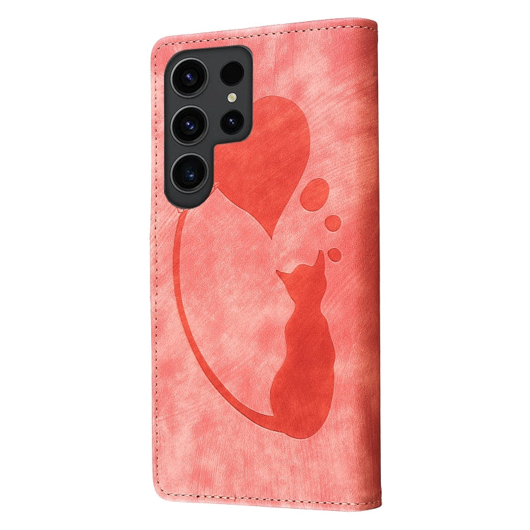 For Samsung Galaxy S25 Ultra 5G Pen Heart Cat Embossed Leather Phone Case