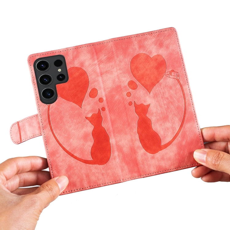 For Samsung Galaxy S25 Ultra 5G Pen Heart Cat Embossed Leather Phone Case