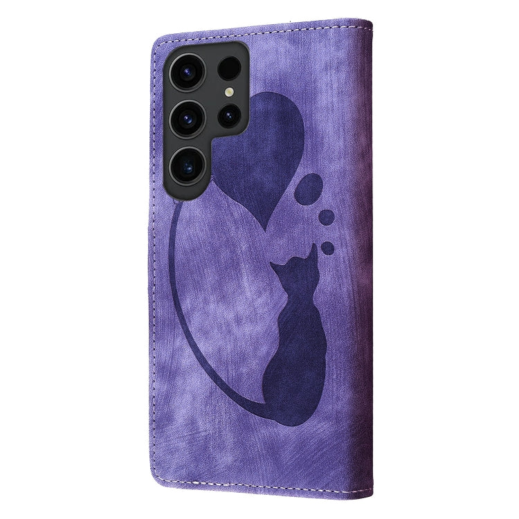 For Samsung Galaxy S25 Ultra 5G Pen Heart Cat Embossed Leather Phone Case