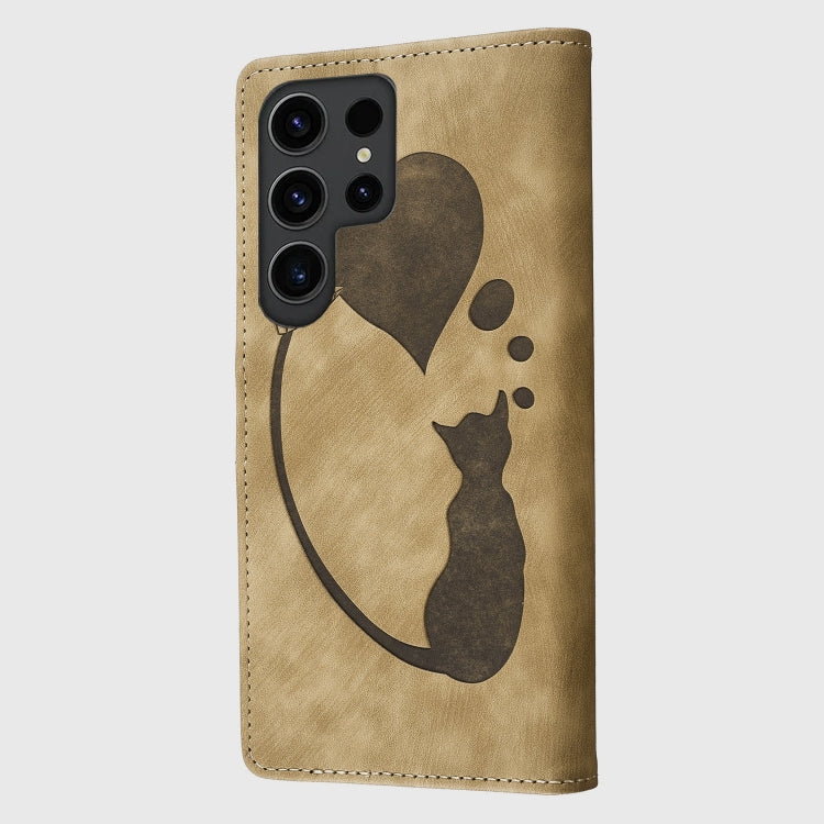 For Samsung Galaxy S25 Ultra 5G Pen Heart Cat Embossed Leather Phone Case