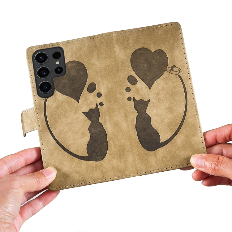 For Samsung Galaxy S25 Ultra 5G Pen Heart Cat Embossed Leather Phone Case
