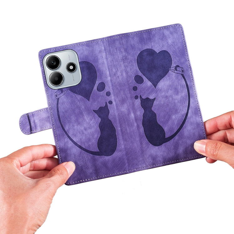 For Redmi Note 14 5G Pen Heart Cat Embossed Leather Phone Case