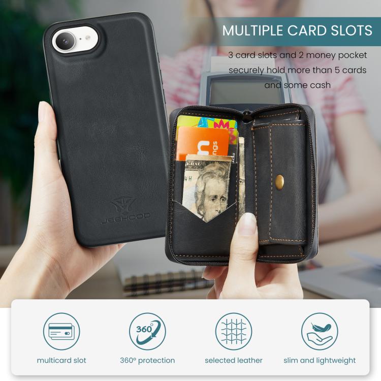 For iPhone 17e / 16e JEEHOOD J02 Magnetic Zipper Horizontal Flip Leather Phone Case