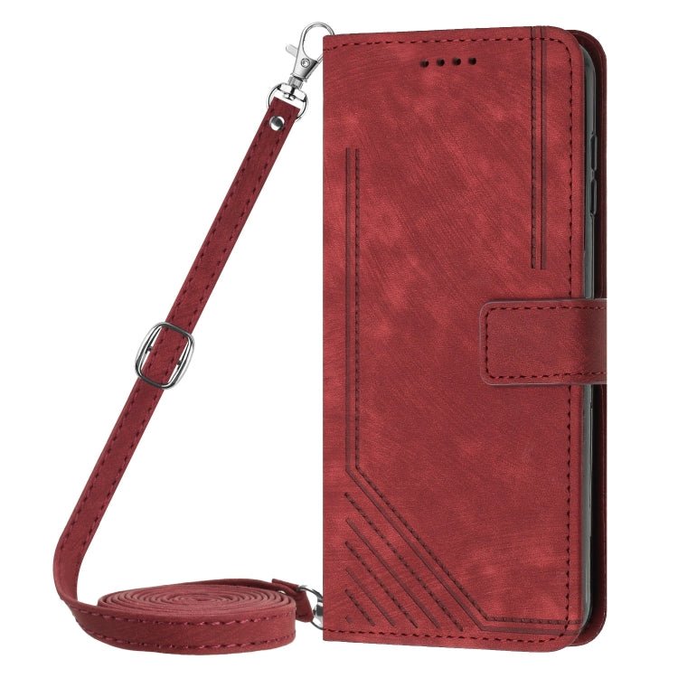 For Samsung Galaxy S25 Ultra 5G Skin Feel Stripe Pattern Leather Phone Case with Lanyard