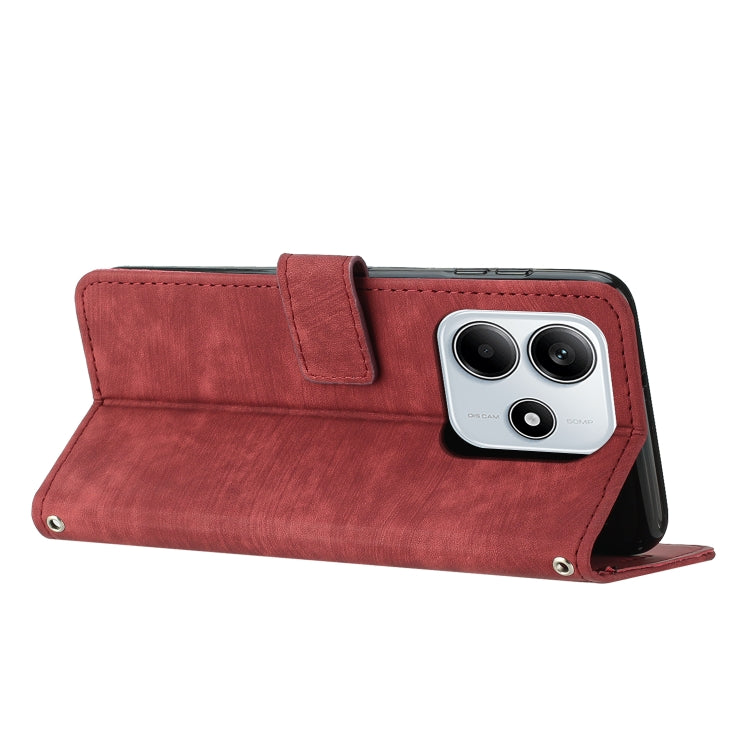 For Redmi Note 14 5G Global Skin Feel Stripe Pattern Leather Phone Case with Lanyard