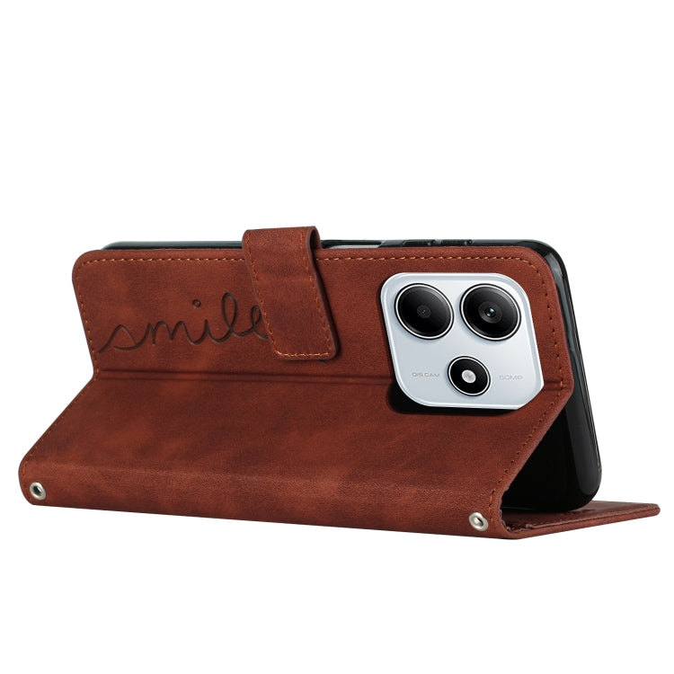 For Redmi Note 14 5G Global Skin Feel Heart Embossed Leather Phone Case with Long Lanyard