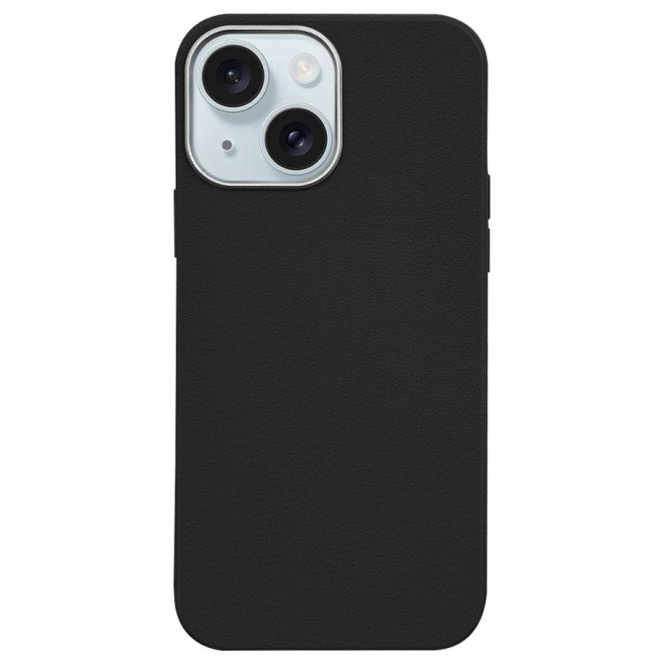 For iPhone 15 Plus Litchi Pattern Silver Edge Camera Frame Material Phone Case