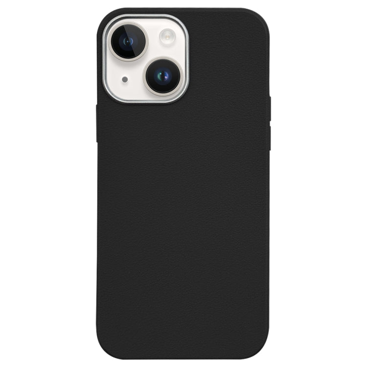 For iPhone 14 Plus Litchi Pattern Silver Edge Camera Frame Material Phone Case