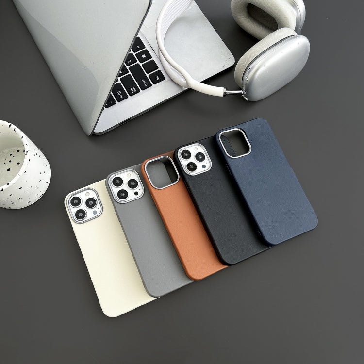 For iPhone 16 Pro Max Litchi Pattern Silver Edge Camera Frame Material Phone Case