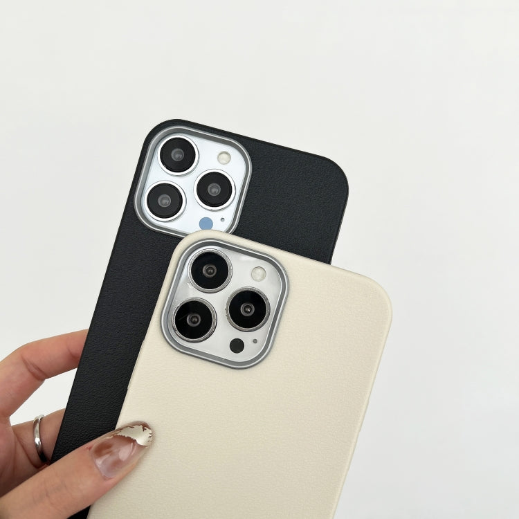 For iPhone 16 Pro Max Litchi Pattern Silver Edge Camera Frame Material Phone Case
