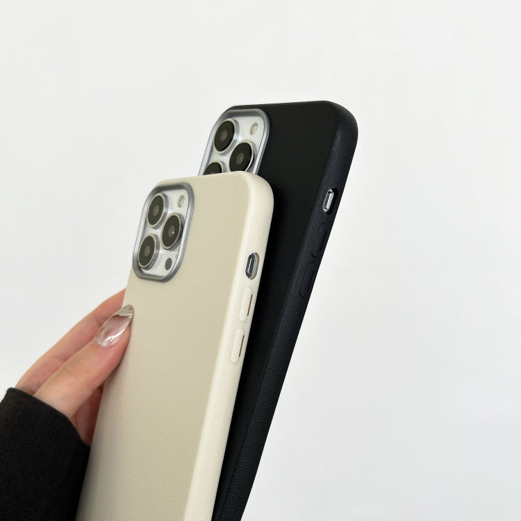For iPhone 16 Pro Max Litchi Pattern Silver Edge Camera Frame Material Phone Case