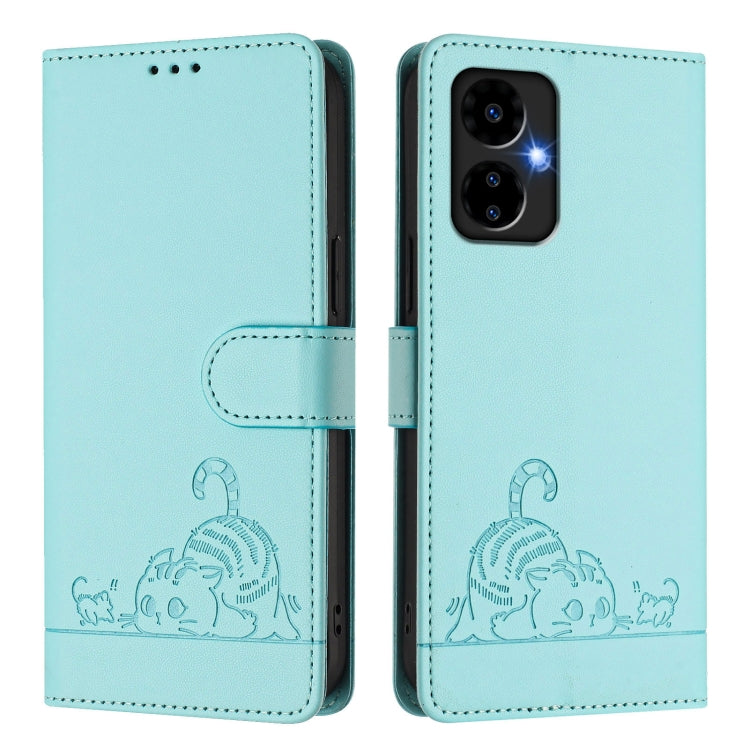 For Boost Mobile Celero 5G 2024 Cat Rat Embossed RFID Leather Phone Case with Lanyard