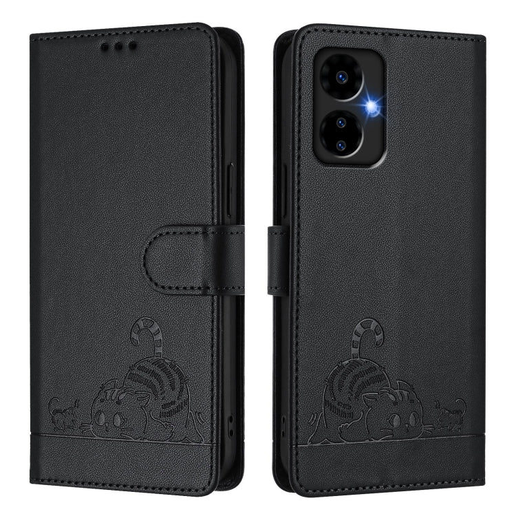 For Boost Mobile Celero 5G 2024 Cat Rat Embossed RFID Leather Phone Case with Lanyard