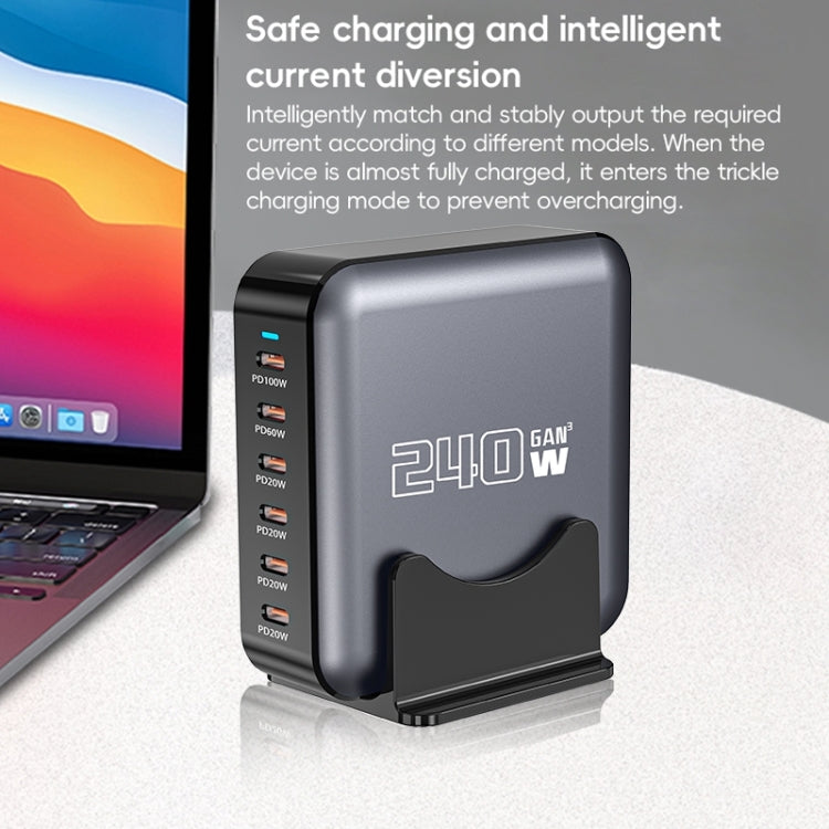 240W GaN 6-Ports USB-C / Type-C Multi Sharing Desktop Charger, Plug:US Plug - Grey