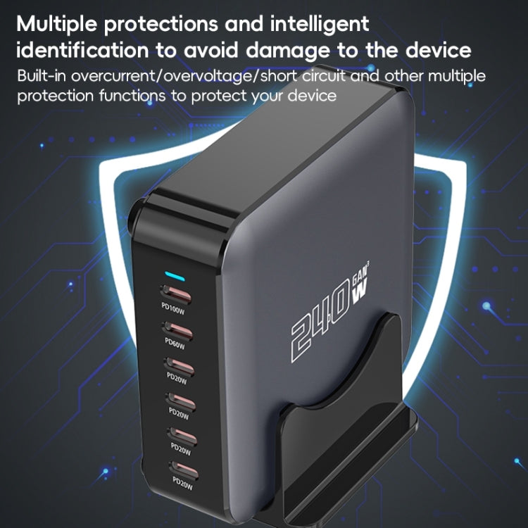 240W GaN 6-Ports USB-C / Type-C Multi Sharing Desktop Charger, Plug:US Plug - Grey