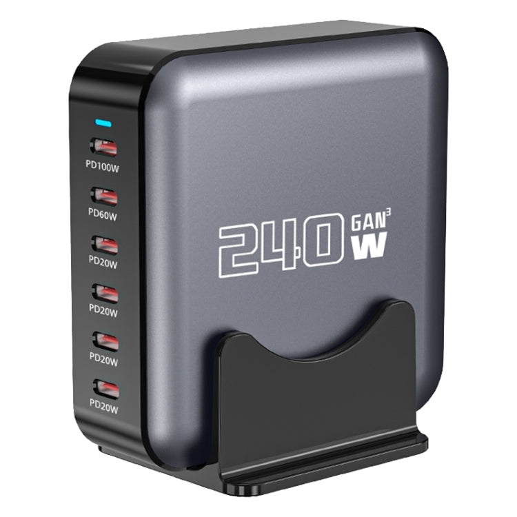 240W GaN 6-Ports USB-C / Type-C Multi Sharing Desktop Charger, Plug:EU Plug - Grey